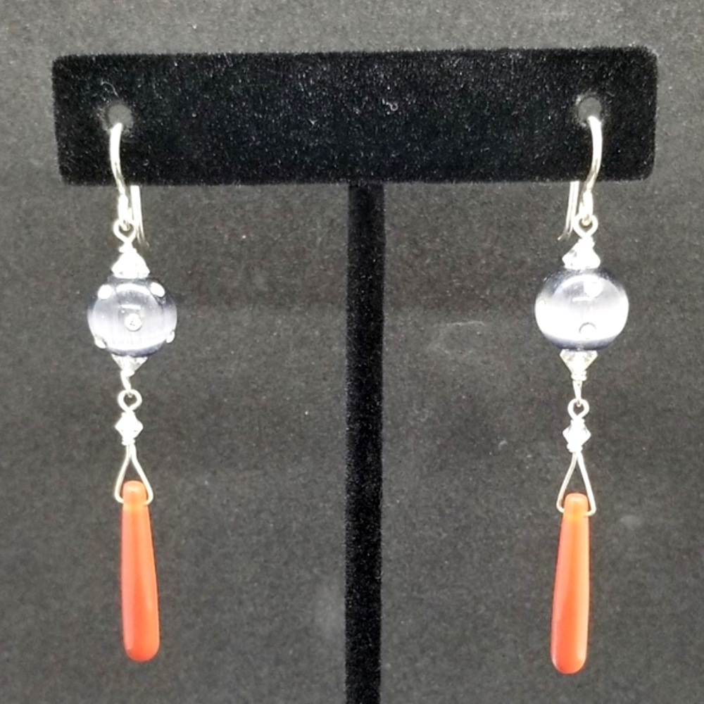 Iridescent gray & red-orange dangle earrings